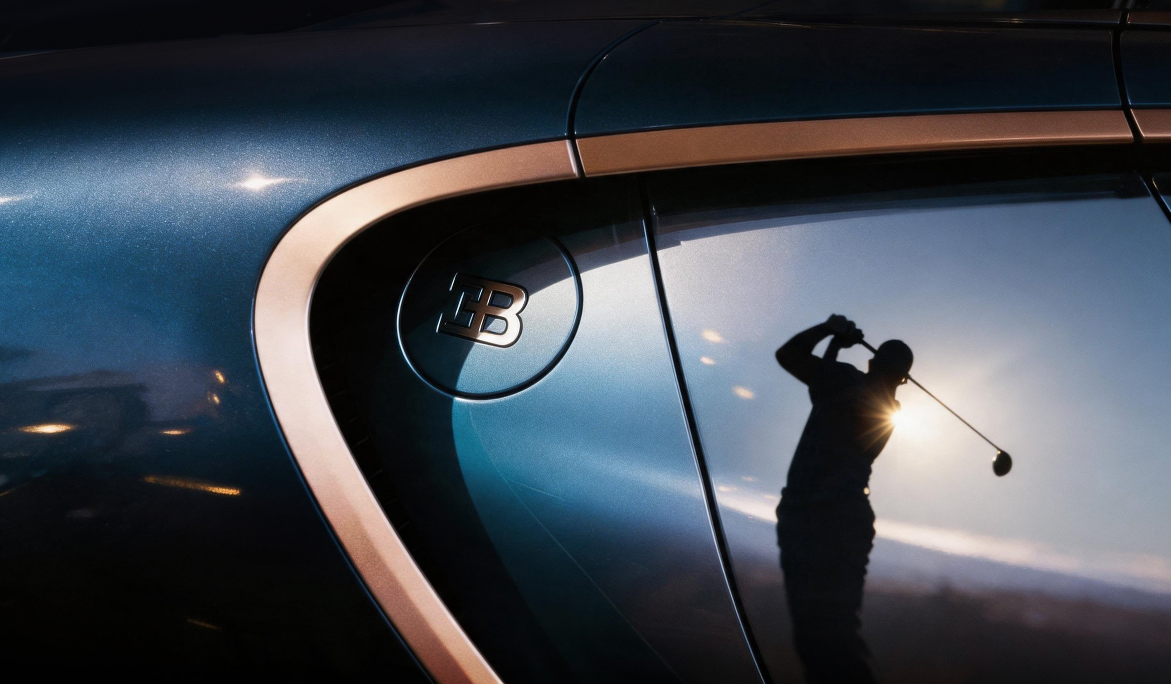 a close-up of a dark blue car with a bronze trim and a "bb" logo, reflecting the silhouette of a golfer swinging a club with the sun behind them.
